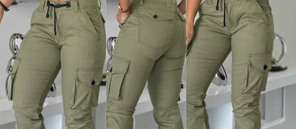 Women High Waist Multiple Pockets Design/ Cuffed Cargo Pants Slim Fit (Victorious NovaForge)