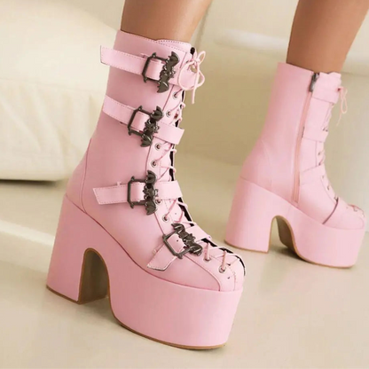 Punk Goth Women Motorcycle Boots Block /High Heels Platform Shoes