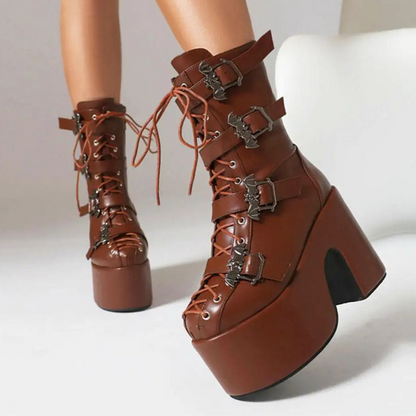 Punk Goth Women Motorcycle Boots Block /High Heels Platform Shoes