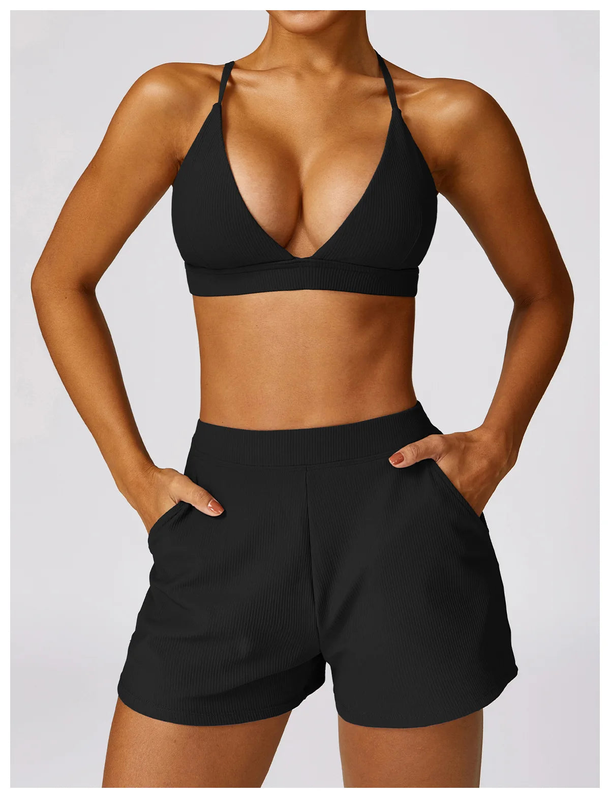 2Pcs Ribbed Shorts Set Women/ Full Workout Suit with Gym Bra