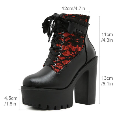 Gothic Lace Patchwork High Heel Ankle Boots for Women / Vintage European Style Zipper Closure Chunky Platform Boots Red