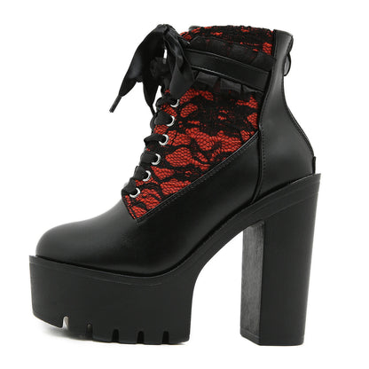 Gothic Lace Patchwork High Heel Ankle Boots for Women / Vintage European Style Zipper Closure Chunky Platform Boots Red