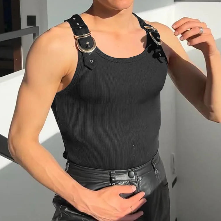 Buckle Belt Straps Ribbed Tank Top