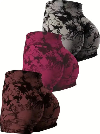 Women's 3-Piece Tie-Dye Hip Lift Yoga Shorts
