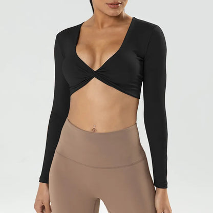 Victorious Long Sleeve Gym Crop Tops for Women / Twist Deep V