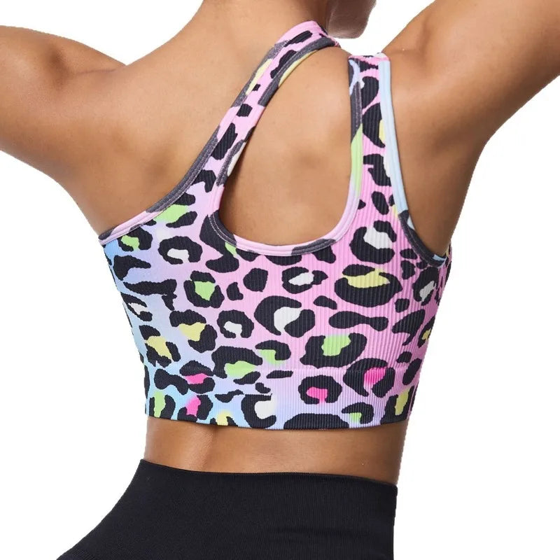 Asymmetric Shoulder Leopard Print Sports Bra / Women Seamless High Impact Bra (Victorious Pixel Armor)