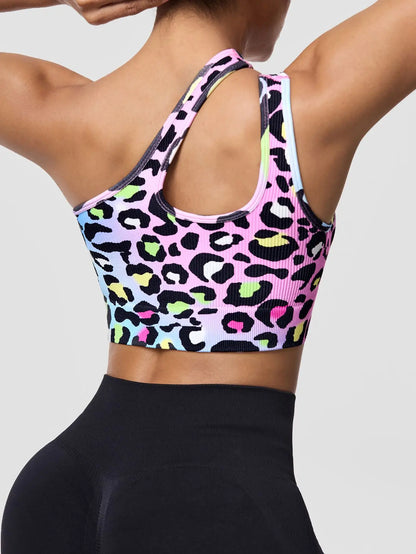 Asymmetric Shoulder Leopard Print Sports Bra / Women Seamless High Impact Bra (Victorious Pixel Armor)