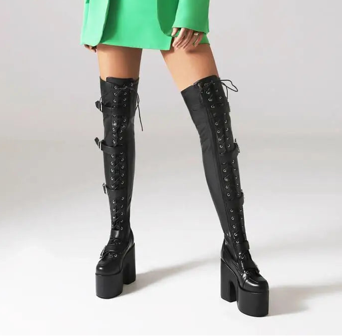Punk Goth Women Motorcycle Boots Block /High Heels Platform Shoes