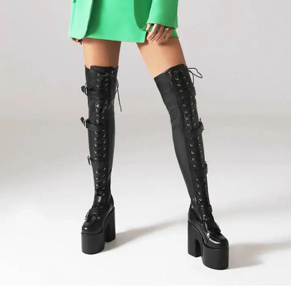 Punk Goth Women Motorcycle Boots Block /High Heels Platform Shoes