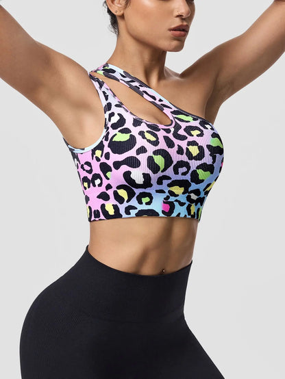 Asymmetric Shoulder Leopard Print Sports Bra / Women Seamless High Impact Bra (Victorious Pixel Armor)