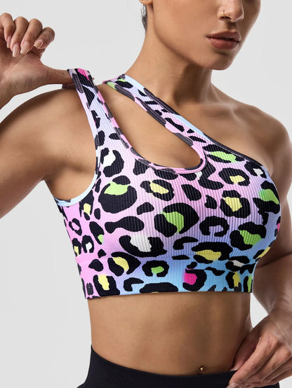 Asymmetric Shoulder Leopard Print Sports Bra / Women Seamless High Impact Bra (Victorious Pixel Armor)