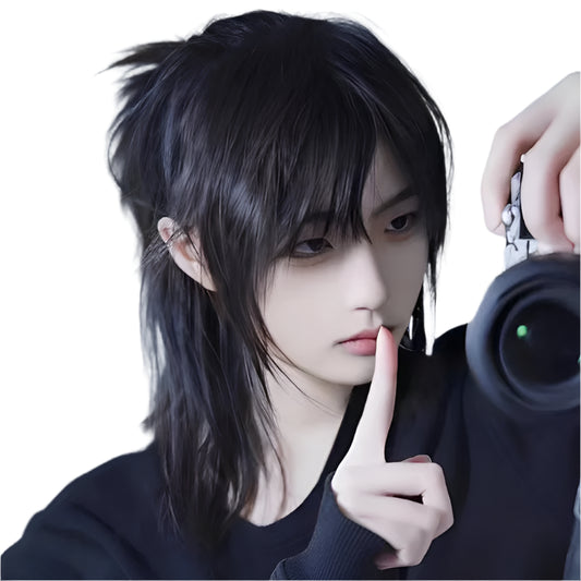 Short Mullet Head Wigs with Bangs/ Synthetic Straight Anime Men Black Hair Wig / Cosplay Wig