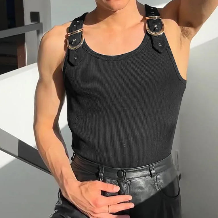 Buckle Belt Straps Ribbed Tank Top