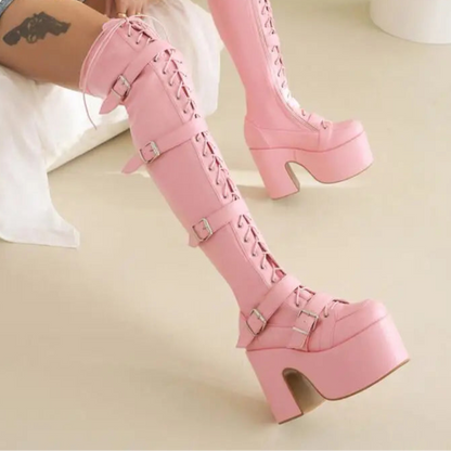 Punk Goth Women Motorcycle Boots Block /High Heels Platform Shoes