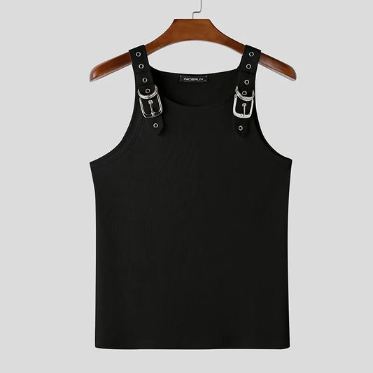 Buckle Belt Straps Ribbed Tank Top