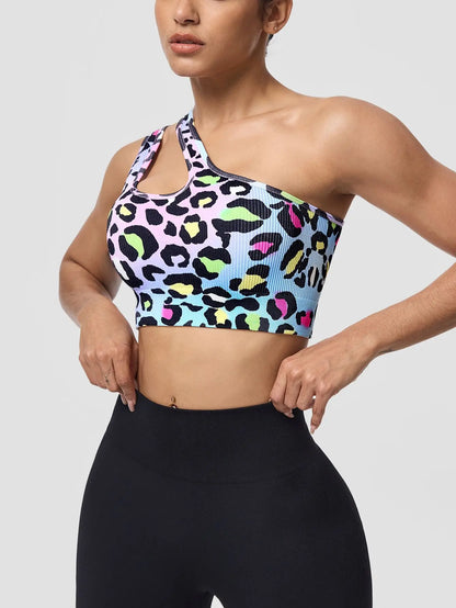 Asymmetric Shoulder Leopard Print Sports Bra / Women Seamless High Impact Bra (Victorious Pixel Armor)