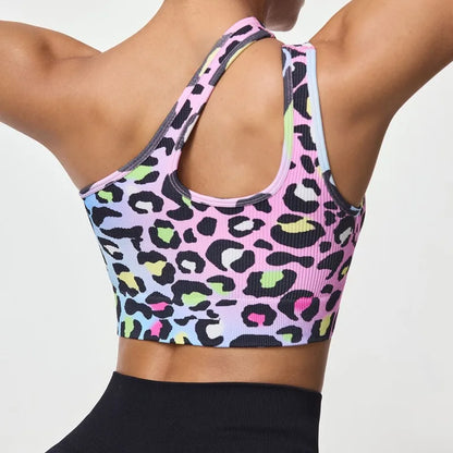 Asymmetric Shoulder Leopard Print Sports Bra / Women Seamless High Impact Bra (Victorious Pixel Armor)