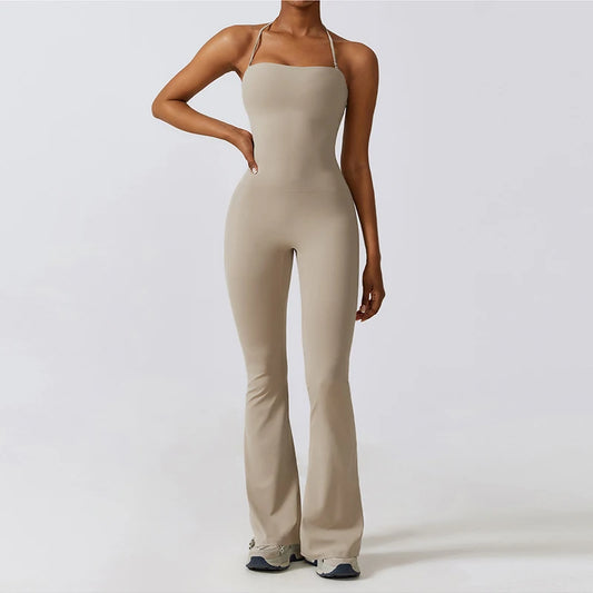 Women Sleeveless Yoga Jumpsuit/ Gym Flared Overalls (Victorious SynthWave)
