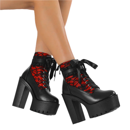 Gothic Lace Patchwork High Heel Ankle Boots for Women / Vintage European Style Zipper Closure Chunky Platform Boots Red