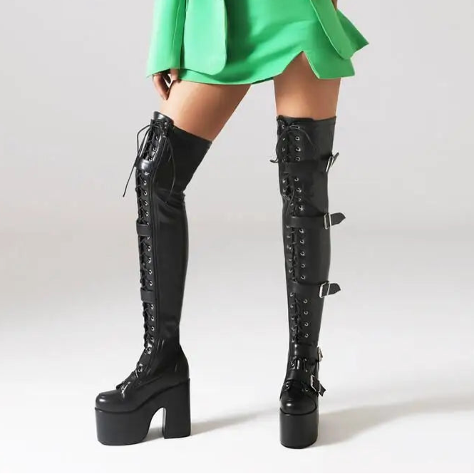 Punk Goth Women Motorcycle Boots Block /High Heels Platform Shoes