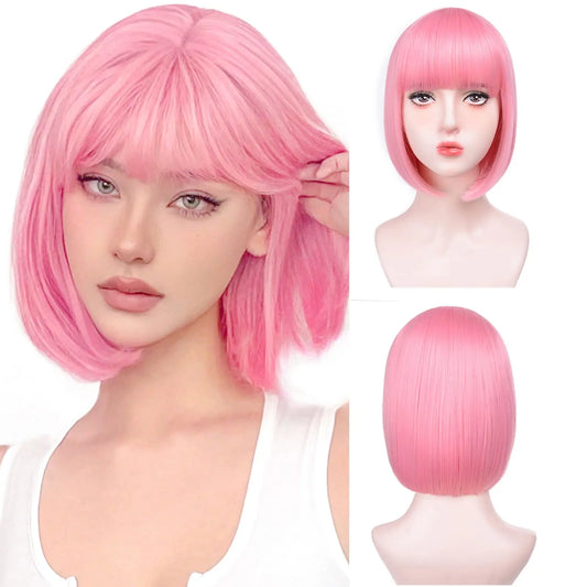 Pink Bob Synthetic wig /Short straight hair with bangs/ Multi-colored Cosplay Wig/ high temperature silk wig