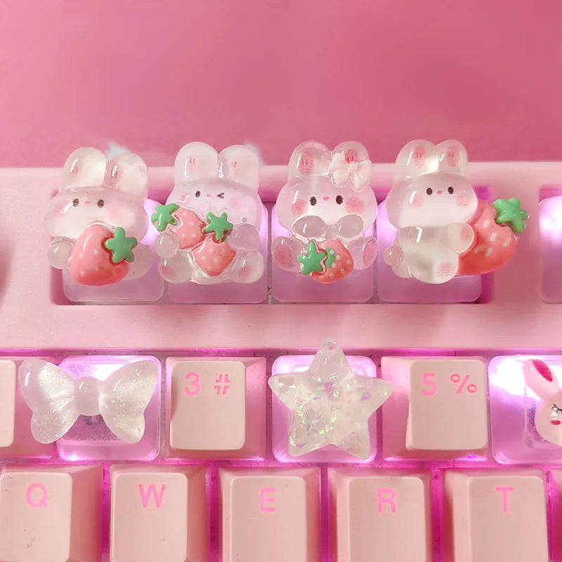 Victorious Anime Cartoon Transparent Strawberry Rabbit Keycap DIY Handmade Personalized Mechanical Keyboard Dedicated PBT Keycap