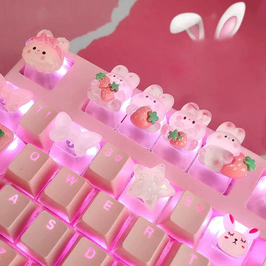 Victorious Anime Cartoon Transparent Strawberry Rabbit Keycap DIY Handmade Personalized Mechanical Keyboard Dedicated PBT Keycap