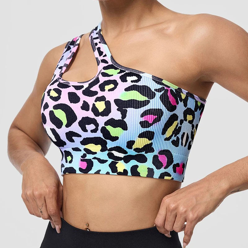 Asymmetric Shoulder Leopard Print Sports Bra / Women Seamless High Impact Bra (Victorious Pixel Armor)