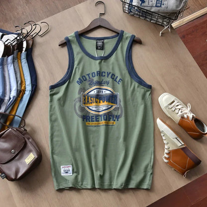 American Letter Print 100% Cotton Sleeveless Vest for Men / Vintage Summer Casual Loose Tank Tops