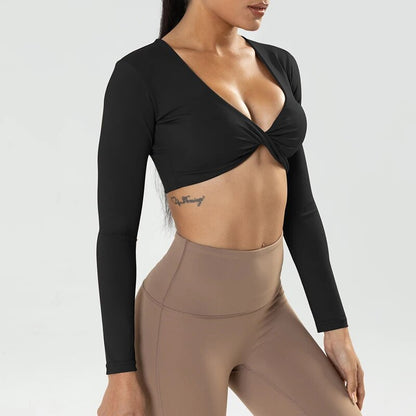 Victorious Long Sleeve Gym Crop Tops for Women / Twist Deep V