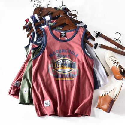 American Letter Print 100% Cotton Sleeveless Vest for Men / Vintage Summer Casual Loose Tank Tops