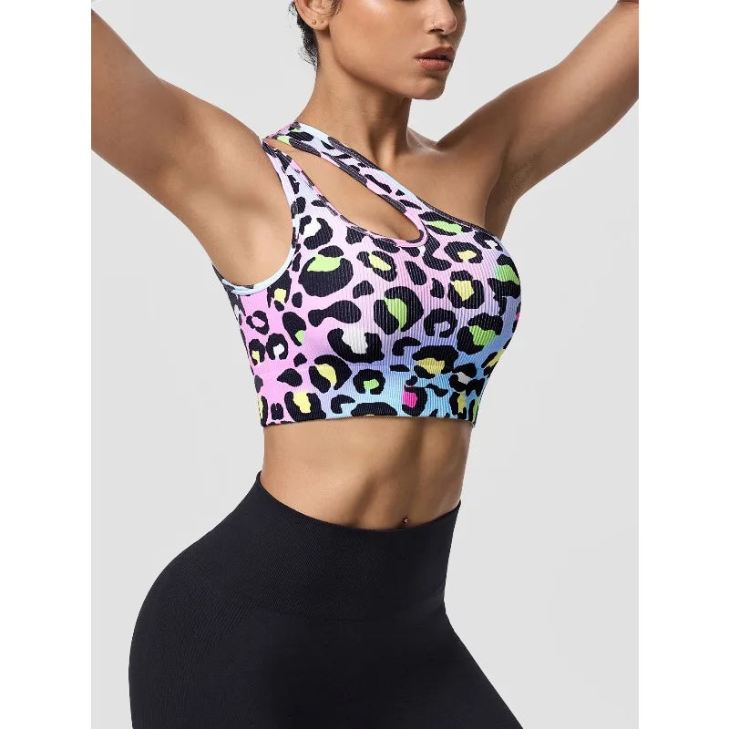 Asymmetric Shoulder Leopard Print Sports Bra / Women Seamless High Impact Bra (Victorious Pixel Armor)