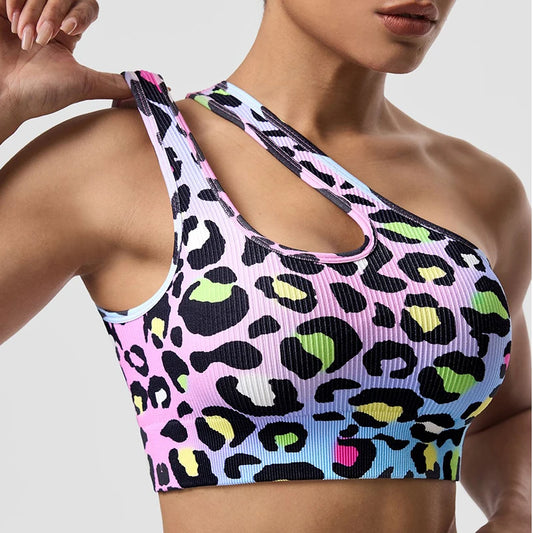Asymmetric Shoulder Leopard Print Sports Bra / Women Seamless High Impact Bra (Victorious Pixel Armor)