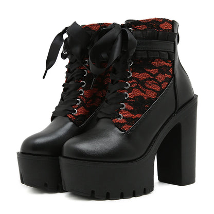 Gothic Lace Patchwork High Heel Ankle Boots for Women / Vintage European Style Zipper Closure Chunky Platform Boots Red