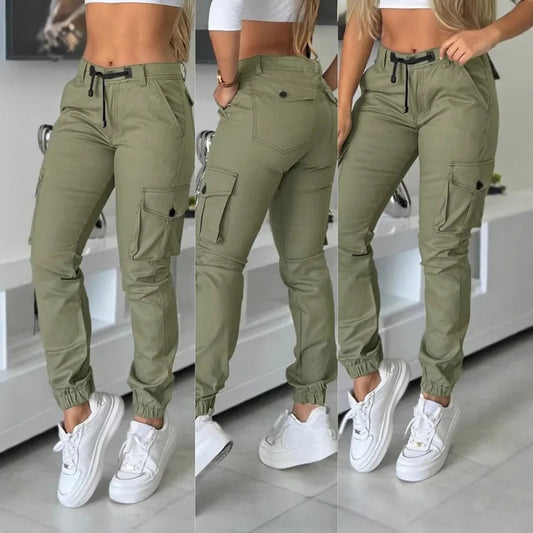 Women High Waist Multiple Pockets Design/ Cuffed Cargo Pants Slim Fit (Victorious NovaForge)