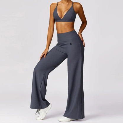 2Pcs Ribbed Sports Set / Women Baggy  Sweatpants Workout Suit with Bra