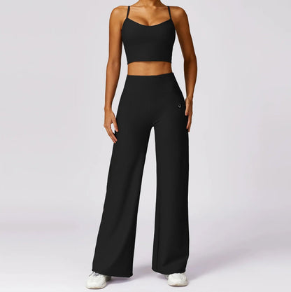 2Pcs Ribbed Sports Set / Women Baggy  Sweatpants Workout Suit with Bra