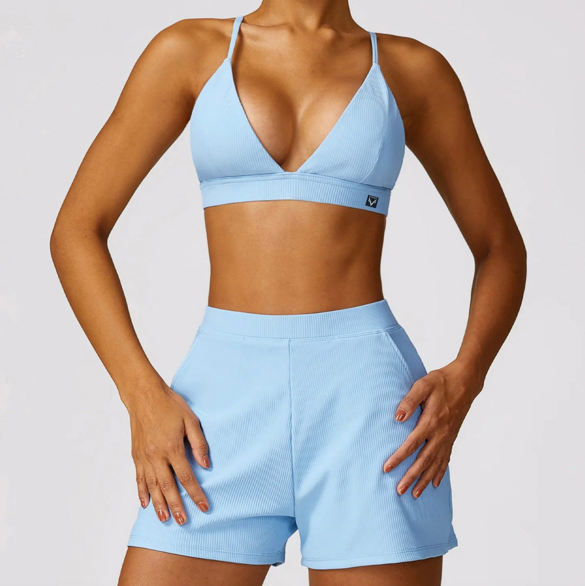 2Pcs Ribbed Shorts Set Women/ Full Workout Suit with Gym Bra