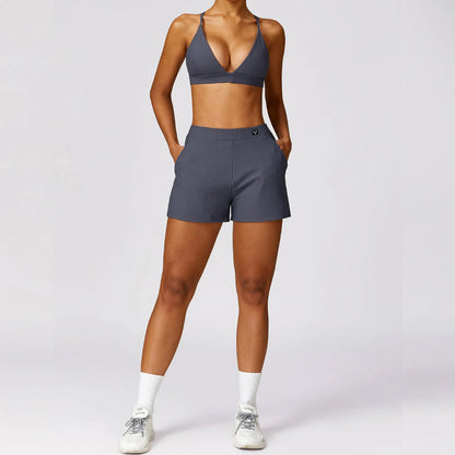 2Pcs Ribbed Shorts Set Women/ Full Workout Suit with Gym Bra