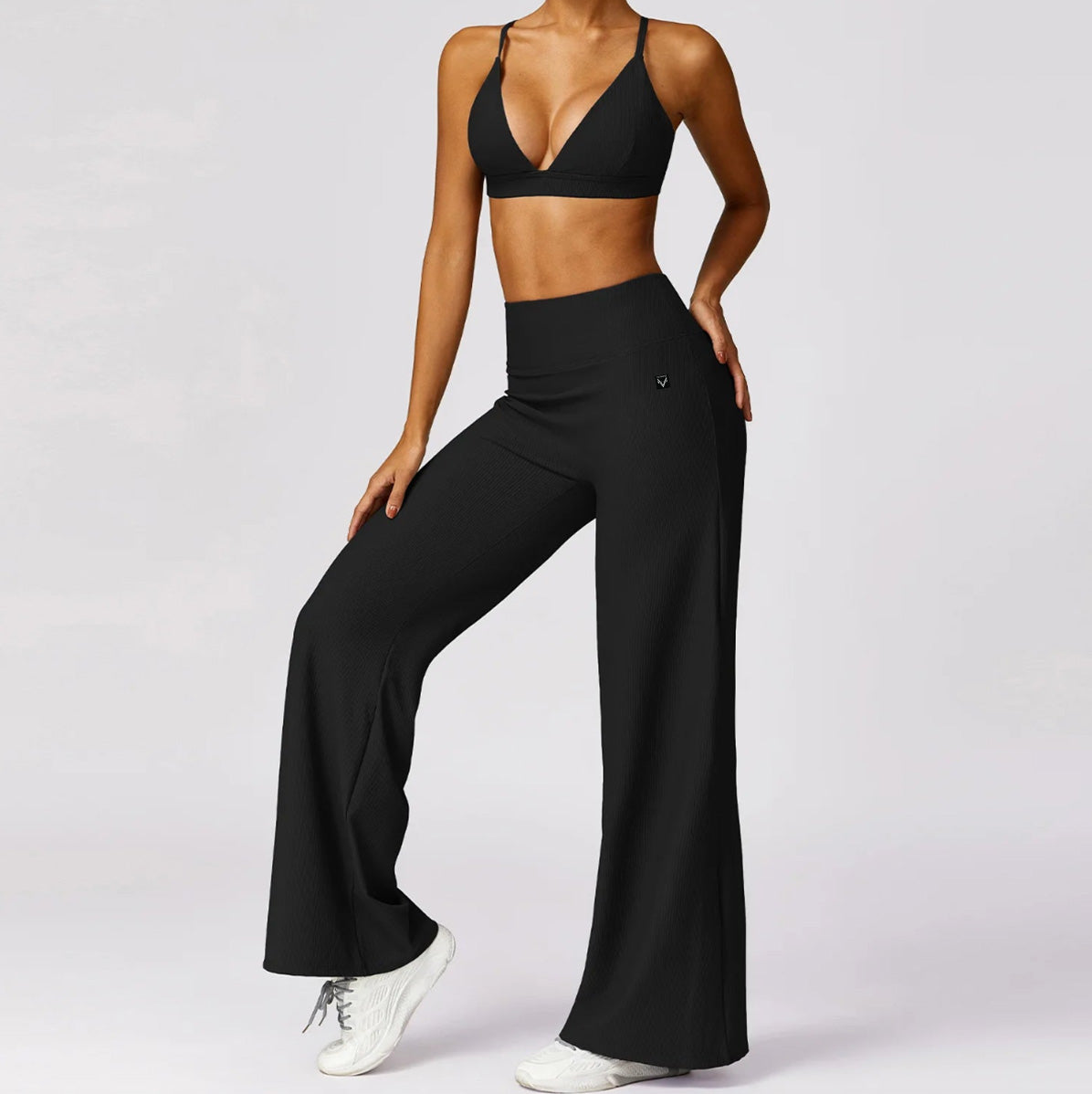 2Pcs Ribbed Sports Set / Women Baggy  Sweatpants Workout Suit with Bra