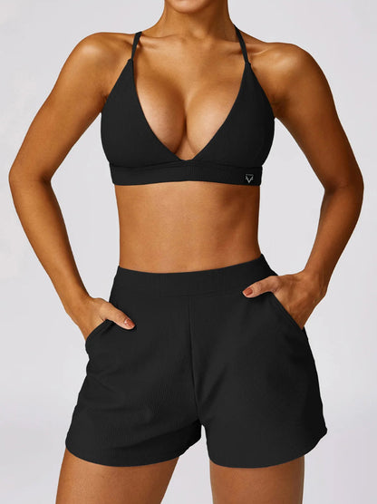 2Pcs Ribbed Shorts Set Women/ Full Workout Suit with Gym Bra