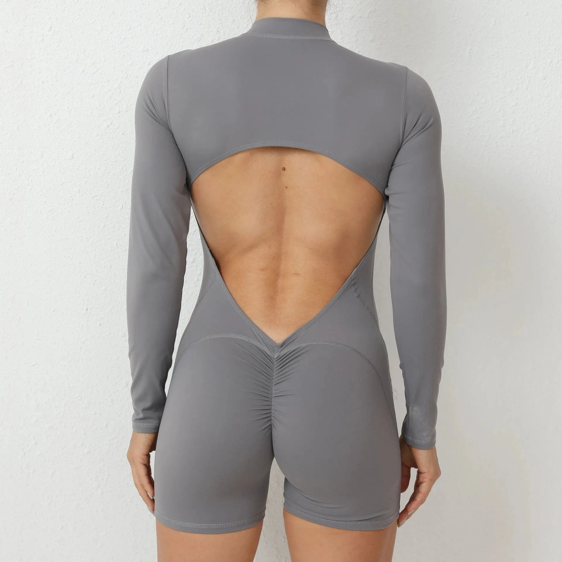 Women Backless Open Black Jumpsuit with Shorts / Gym One Piece Suit with Short / Bodycon (Comet)