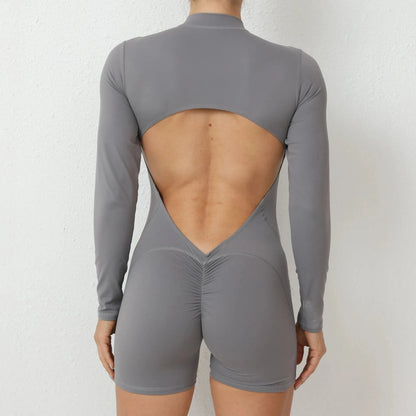 Women Backless Open Black Jumpsuit with Shorts / Gym One Piece Suit with Short / Bodycon (Comet)