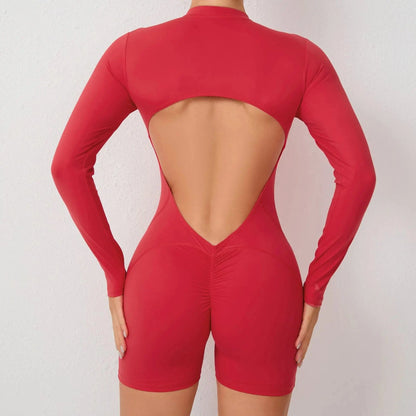 Women Backless Open Black Jumpsuit with Shorts / Gym One Piece Suit with Short / Bodycon (Comet)